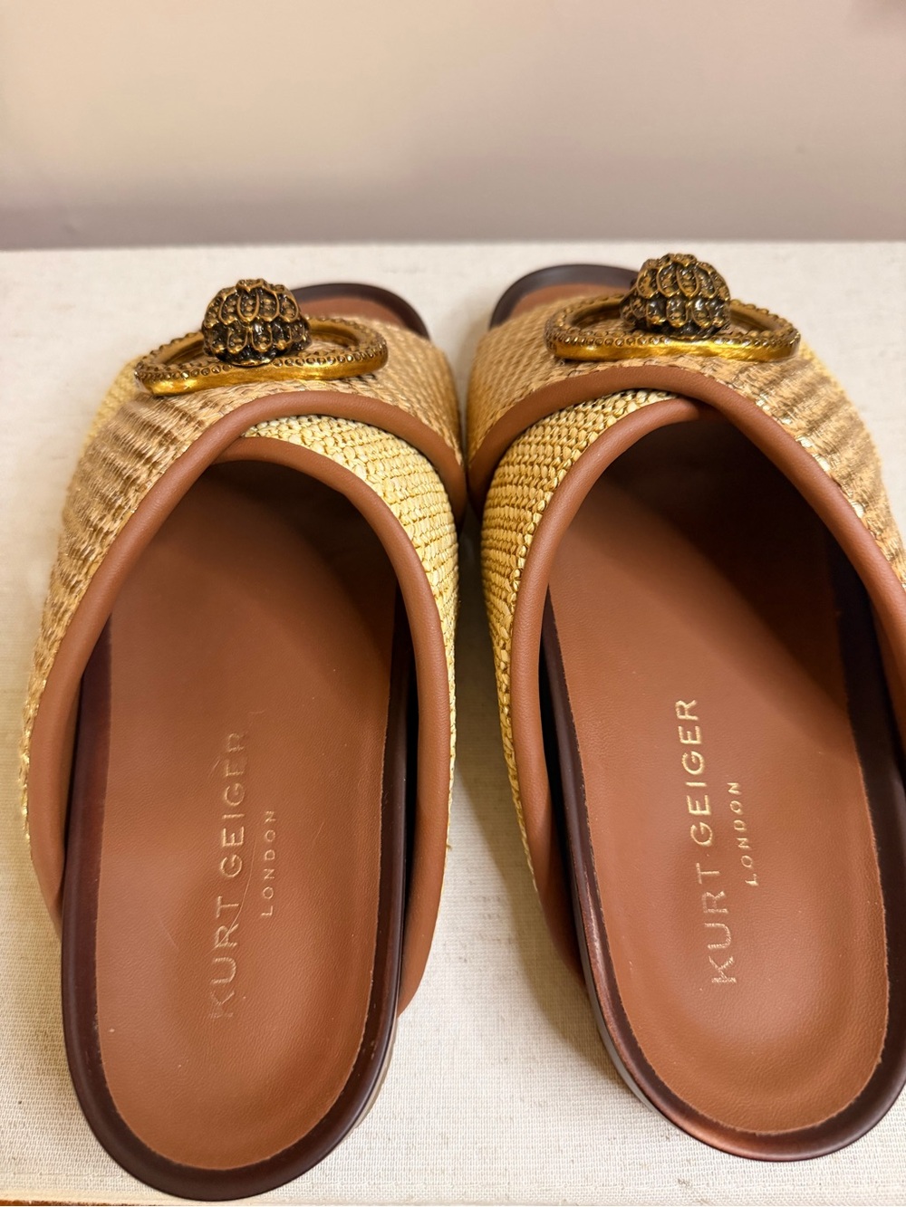 Kurt Geiger Gold Woven Slide Sandals with Decorative Medallion - Picture 4 of 8